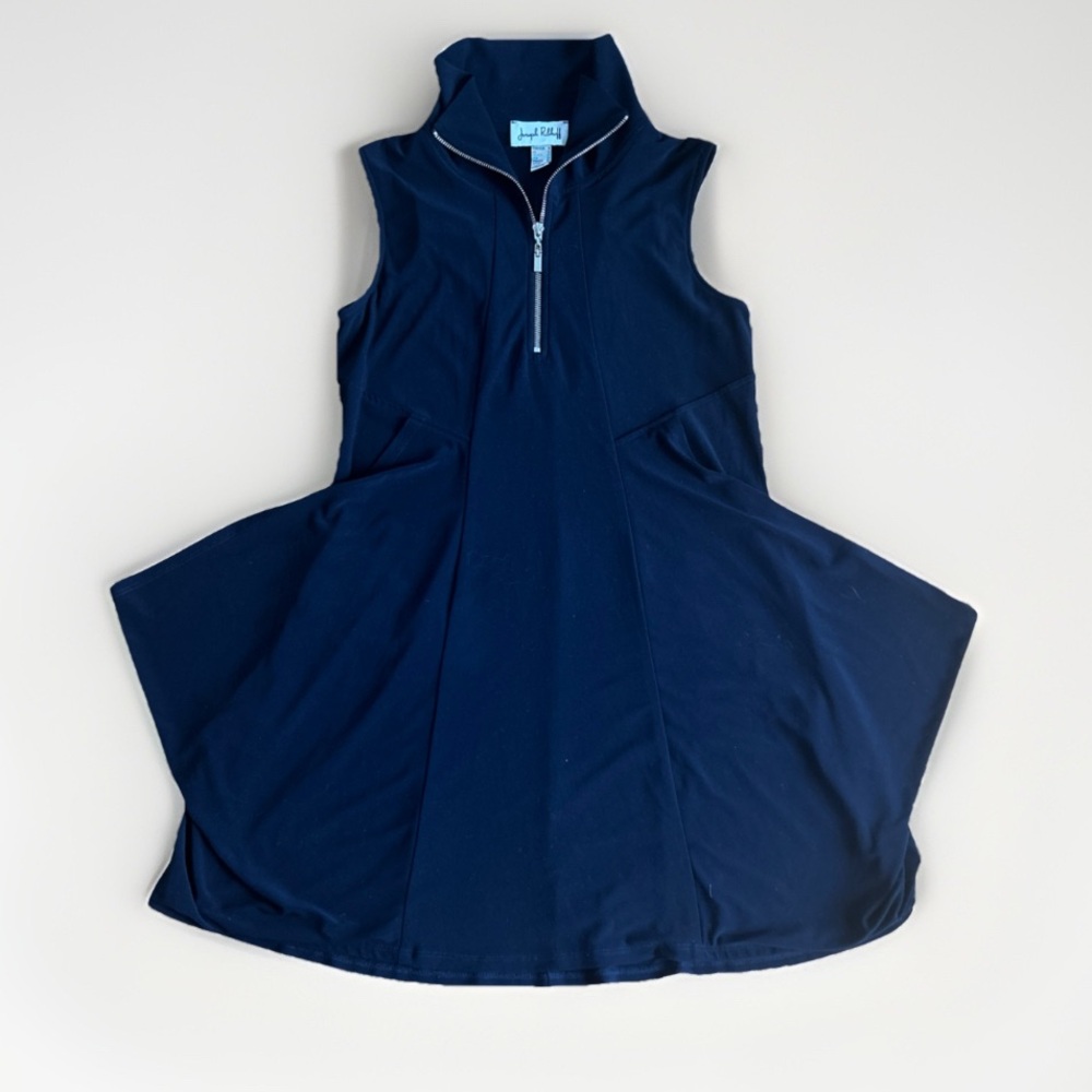 Joseph Ribkoff Half Zip Dress Navy Blue Size 8 Sleeveless Stretch Knit A Line